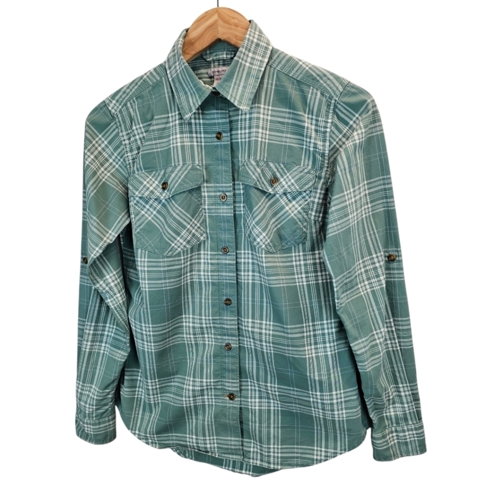 Carhartt Women's Rugged Flex Slightly Fitted Long Sleeve Plaid Shirt Sz XS Green - Picture 3 of 14